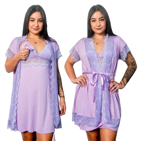 Kit Robe Roupão e Camisola Amamentação Pós Parto Roupa de Banho e Dormir Renda Bicolor Design Luxuoso Moda Maternal