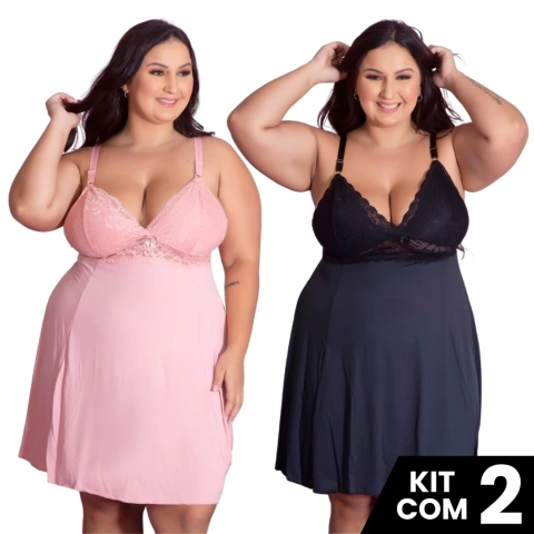 Imagem do Kit 2 Camisolas Plus Size Romantic Sexy Tamanho Grande Confortável Charmosa