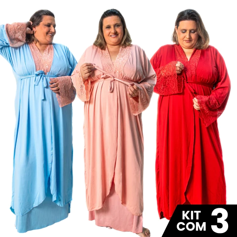 Kit 3 Robes Feminino Longo Plus Size Com Faixa Gestante Maternidade Pós Parto Roupa Dormir e Banho - loja online