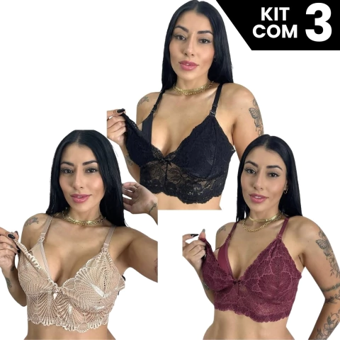 Imagem do Kit 3 Sutiãs Amamentação Com Renda Prático Sem Bojo Com Forro Confortável e Alças Reforçadas Feminino