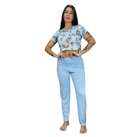 Pijama Cropped Estampa Personagem Calça Lisa Confortável Adulto Moda Noturna