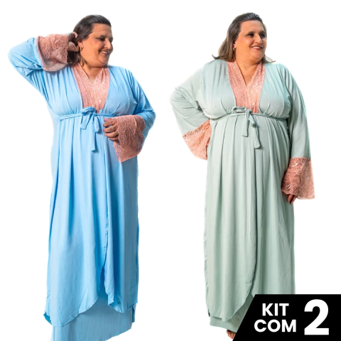 Kit 2 Robes Feminino Longo Plus Size Com Faixa Gestante Maternidade Pós Parto Roupa Dormir e Banho na internet