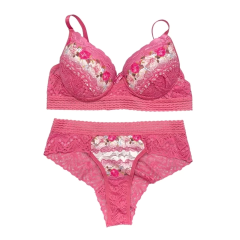Conjunto de Calcinha e Sutiã Rendado Com Bojo Floral Lingerie Charmosa