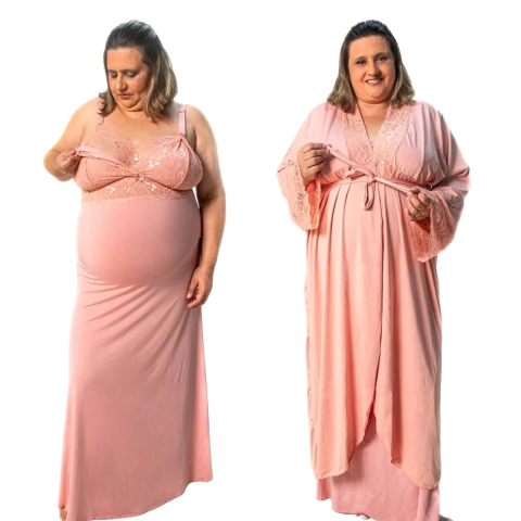Kit Robe e Camisola Amamentação Longo Plus Size Gestante Pós-Parto Mala Maternidade - loja online