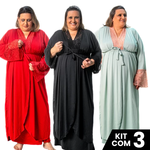Kit 3 Robes Feminino Longo Plus Size Com Faixa Gestante Maternidade Pós Parto Roupa Dormir e Banho - comprar online