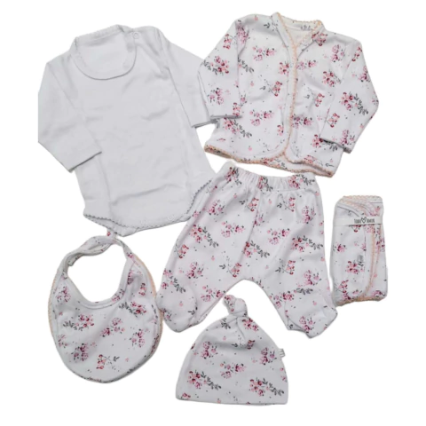 Ajuar con body 6 piezas flor roja y salmon