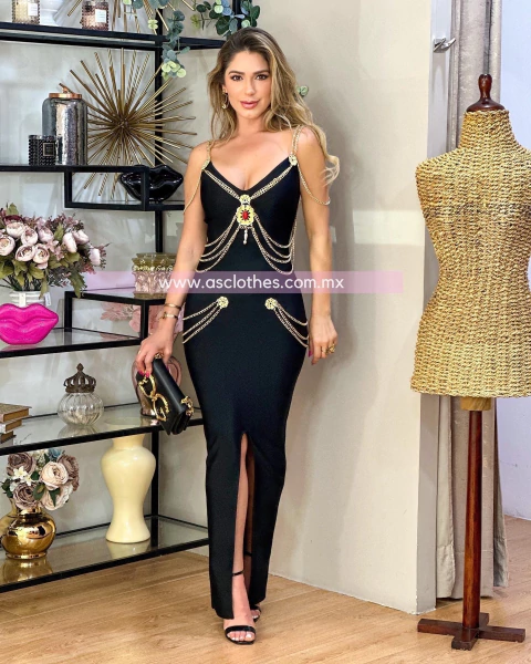 MAXI DRESS BANDAGE APLICACIONES CADENAS/PEDRERIA 607101