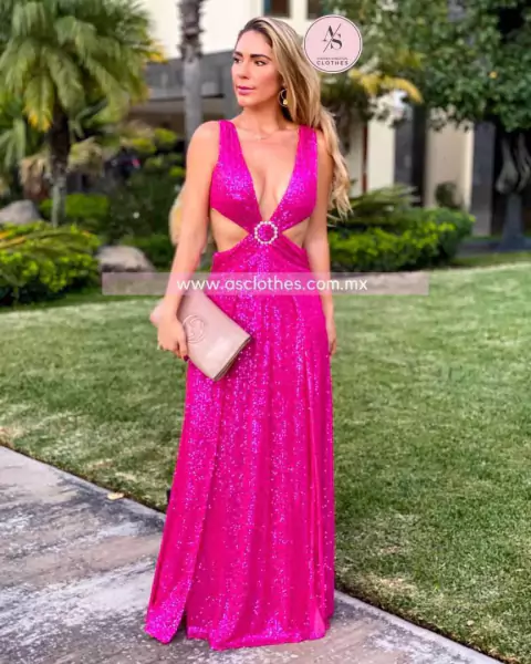 MAXI DRESS OPEN WAIST LENTEJUELA Y ARGOLLA PERLAS FUCSIA LD8387