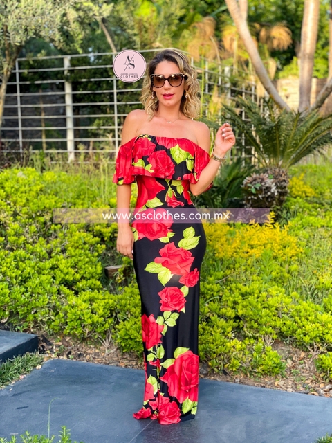 MAXI DRESS A LOS HOMBROS ROSAS ROJAS S3100B7