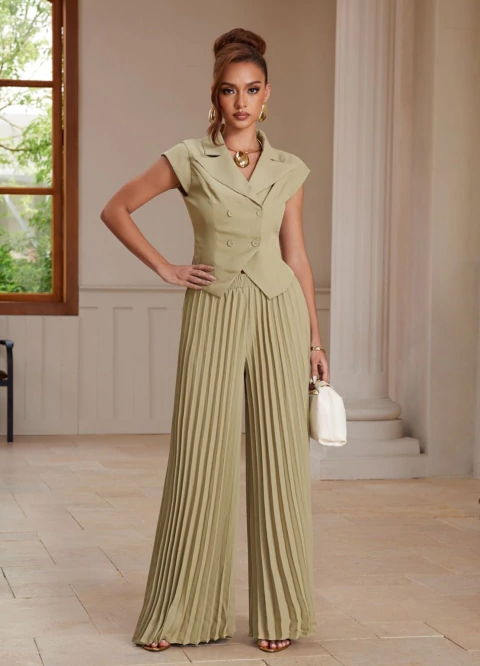 TRAJE DE PANTALON PLISADO CON BLUSA TIPO CHALECO CON BOTONES - Asclothes