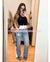 PANTALON MEZCLILLA CON CINTURA BLANCA Y LATERALES BLANCO Y NEGRO RALLAS