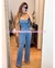 PALAZZO STRAPLESS DENIM CON FLOR 3D Y PIEDRAS