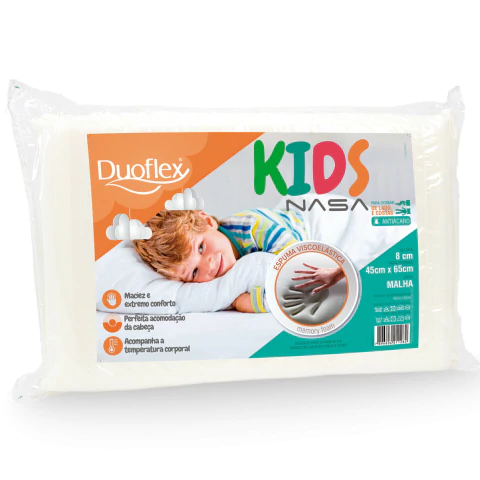 Travesseiro infantil Duoflex Kids NASA com espuma viscoelástica, dimensões de 45cm x 65cm e altura de 8cm.