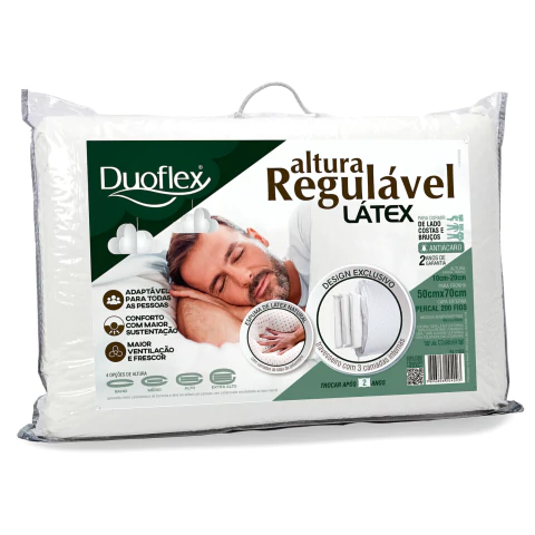 Embalagem do travesseiro altura regulável Duoflex de látex, com imagem de homem dormindo e informações sobre conforto e ventilação