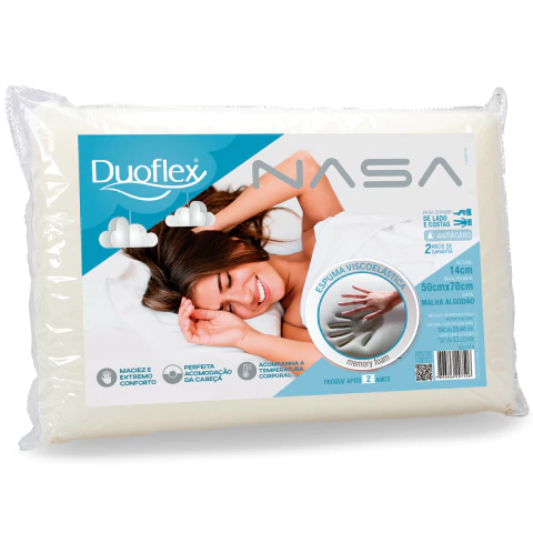 Travesseiro Viscoelástico NASA Duoflex, com espuma viscoelástica, ideal para conforto e suporte ao pescoço, com medidas de 50cm x 70cm.