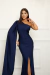 Vestido Tatiane Trilobal Azul Marinho Um Ombro Capa Lateral Fenda Longo de Festa - comprar online