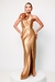 Vestido Andressa Flor no Ombro Acetinado Dourado Longo Fenda Lateral Festa - comprar online