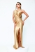 Imagem do Vestido Andressa Flor no Ombro Acetinado Dourado Longo Fenda Lateral Festa