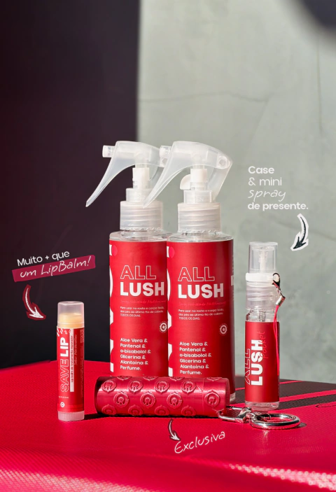 Kit Full Routine - 2 ALL LUSH + 1 SAVE LIP com case e ALL LUSH Pocket de presente - Spray Hidratante Multifuncional: Cabelo, corpo e rosto.
