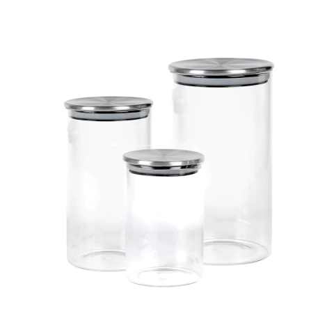 Jogo de 3 Potes Redondos de Vidro Borossilicato Tampa Inox Dynasty 600ml/1L/1,5L