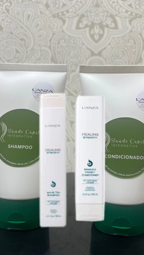 Shampoo e condicionador L'anza Strength fracionados de 200ml para cabelos finos e frágeis, que ajuda a evitar pontas duplas