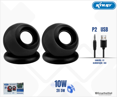 CAIXA DE SOM MULTIMÍDIA 10W RMS PC NOTEBOOK P2 + USB KNUP - SmartheWell Informática e Eletrônicos