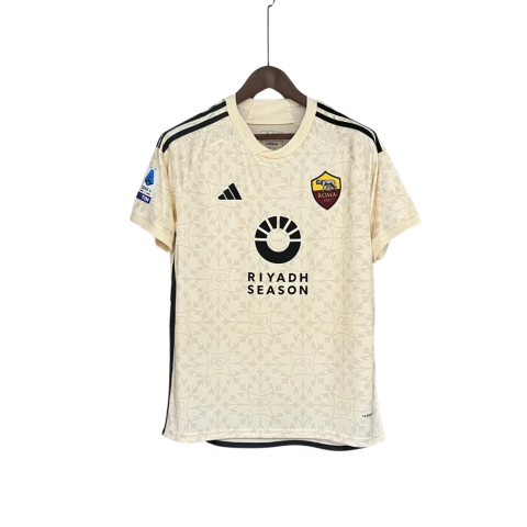 camisa da roma-away-reserva2-II-2023/2024-23/24-riyadh season patrocínio-torcedor-masculino-masculina-creme-adidas-dybala-lukaku-paredes-parte da frente