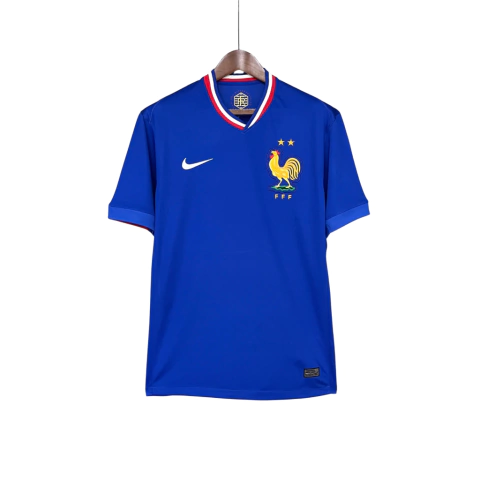 camisa da frança-home-titular-1-I-eurocopa 2024-2024/2025-24/25-24-25-2025-torcedor-masculino-masculina-nike-azul-mbappe-giroud-griezmann-parte da frente