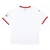 Camisa reserva do Milan 2024/2025 vista de verso, mostrando o padrão tonal branco com listras horizontais em vermelho e preto que percorrem as costas. Inclui o selo especial no lado direito, comemorando o 3 de outubro de 1943, e a frase "Sentimento que ja