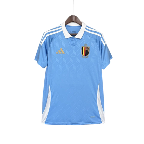 camisa da Bélgica-away-reserva-2-II-eurocopa 2024-2024/2025-24/25-2025-25-24-torcedor-masculino-masculina-azul-adidas-lukaku-de bruyne-doku-carrasco-parte da frente 