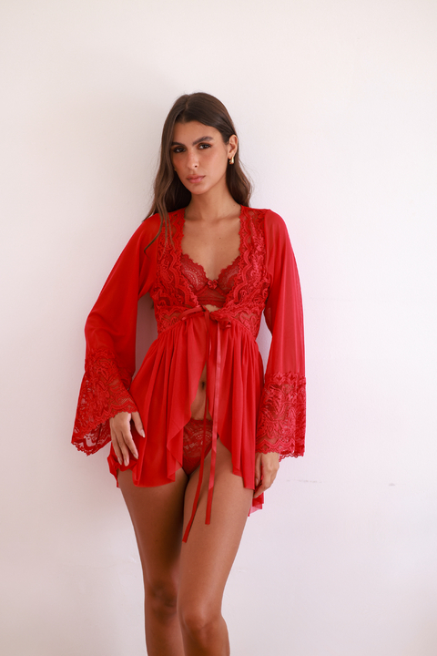 Robe Mistério em tule e renda, com amarração- Vermelho - comprar online