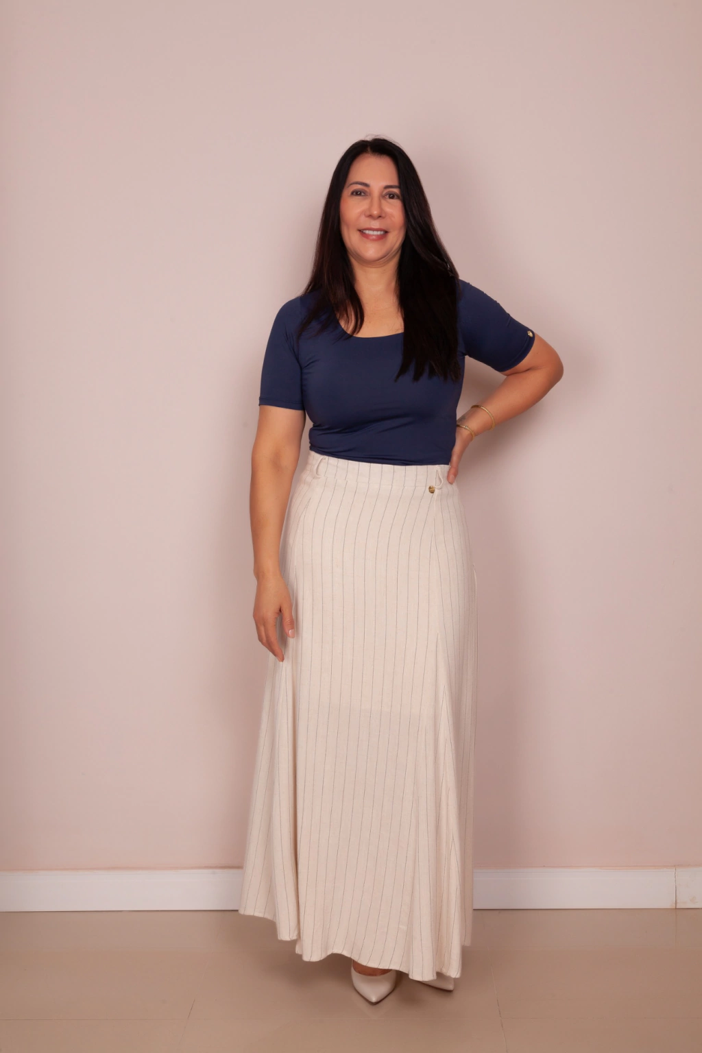 Saia Risca de Giz em Linho Off White