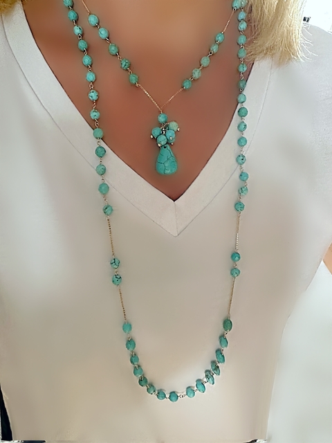 Dois colares pedras turquesas banhado a ouro 18 k - comprar online