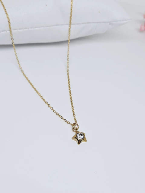 Colar Dourado Pingente Estrela Ponto de Luz de Aço Inox
