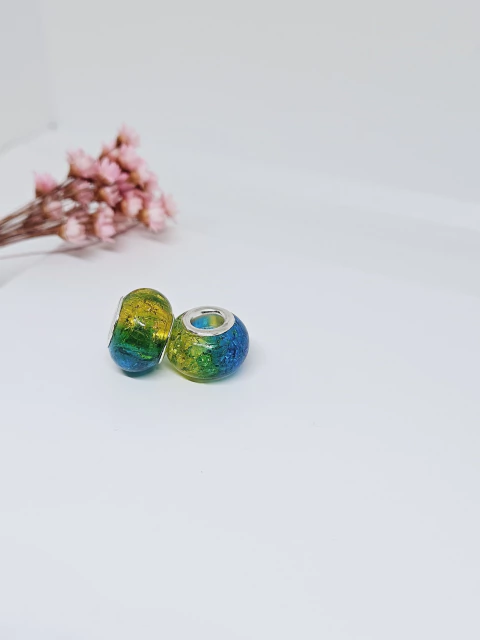 Berloque Murano Amarelo e Azul de Aço Inox