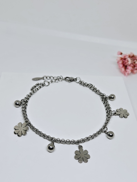 Pulseira Dupla Flores de Aço Inox
