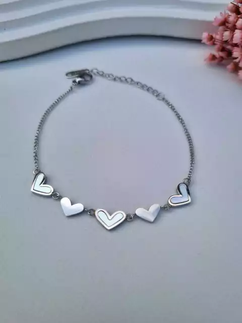 Pulseira Corações Madrepérola de Aço Inox