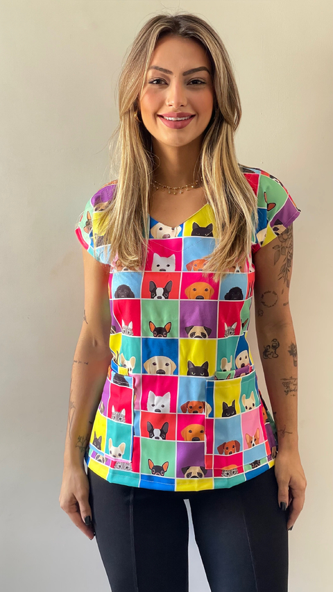 Jaleco Blusa Scrub Estampado Cachorro na Janela