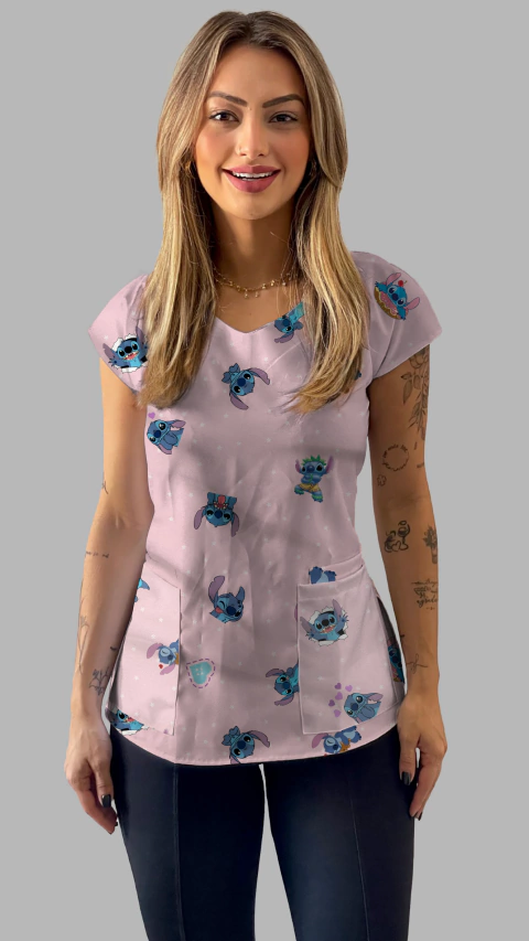 Jaleco Blusa Scrub Estampado Lilo Stick Rosa