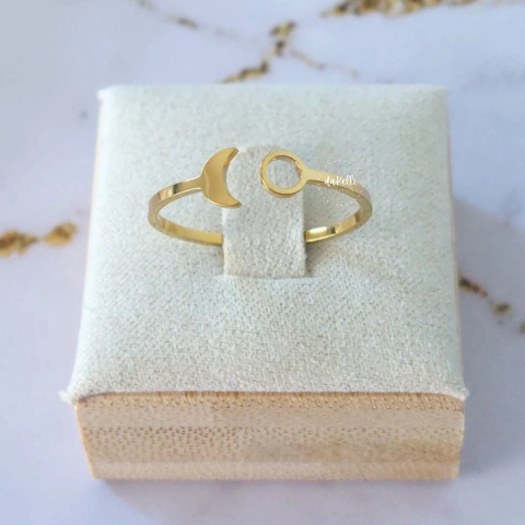 Anel regulável sol e lua em aço inoxidável dourado