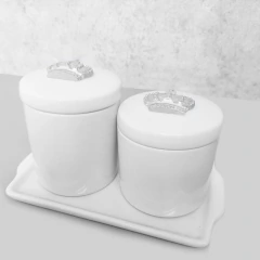Kit Bandeja Porta Algodão E Cotonete Porcelana Coroa Prata na internet
