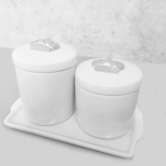 Kit Bandeja Porta Algodão E Cotonete Porcelana Coroa Prata - comprar online