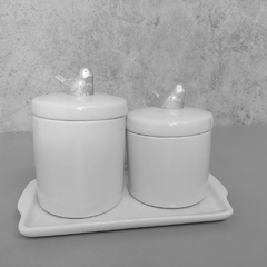Kit Bandeja Porta Algodão E Cotonete Porcelana Passaro Prata - comprar online