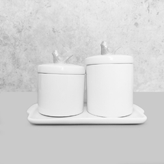 Kit Bandeja Porta Algodão E Cotonete Porcelana Passaro Prata