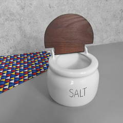 Saleiro Branco Tampa De Madeira Verniz 1 Kg Branco Decorado Words - loja online