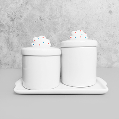 Kit Bandeja Porta Algodão E Cotonete Porcelana Nuvem Branco Poá