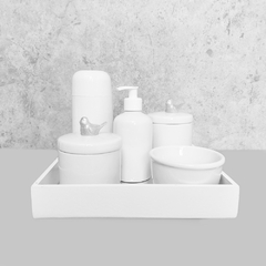 Kit Higiene C/ Garrafa Térmica Cilindrica E Bandeja Quadrada Passaro Prata