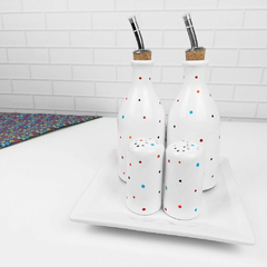 Conjunto Galheteiro Porcelana Bandeja Quadrada Branco Poá