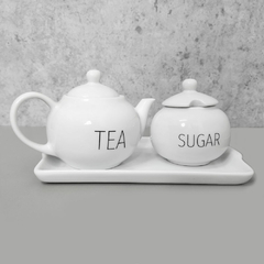Conjunto bule de café redondo com açucareiro e bandeja porcelana words na internet