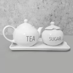 Conjunto bule de café redondo com açucareiro e bandeja porcelana words na internet